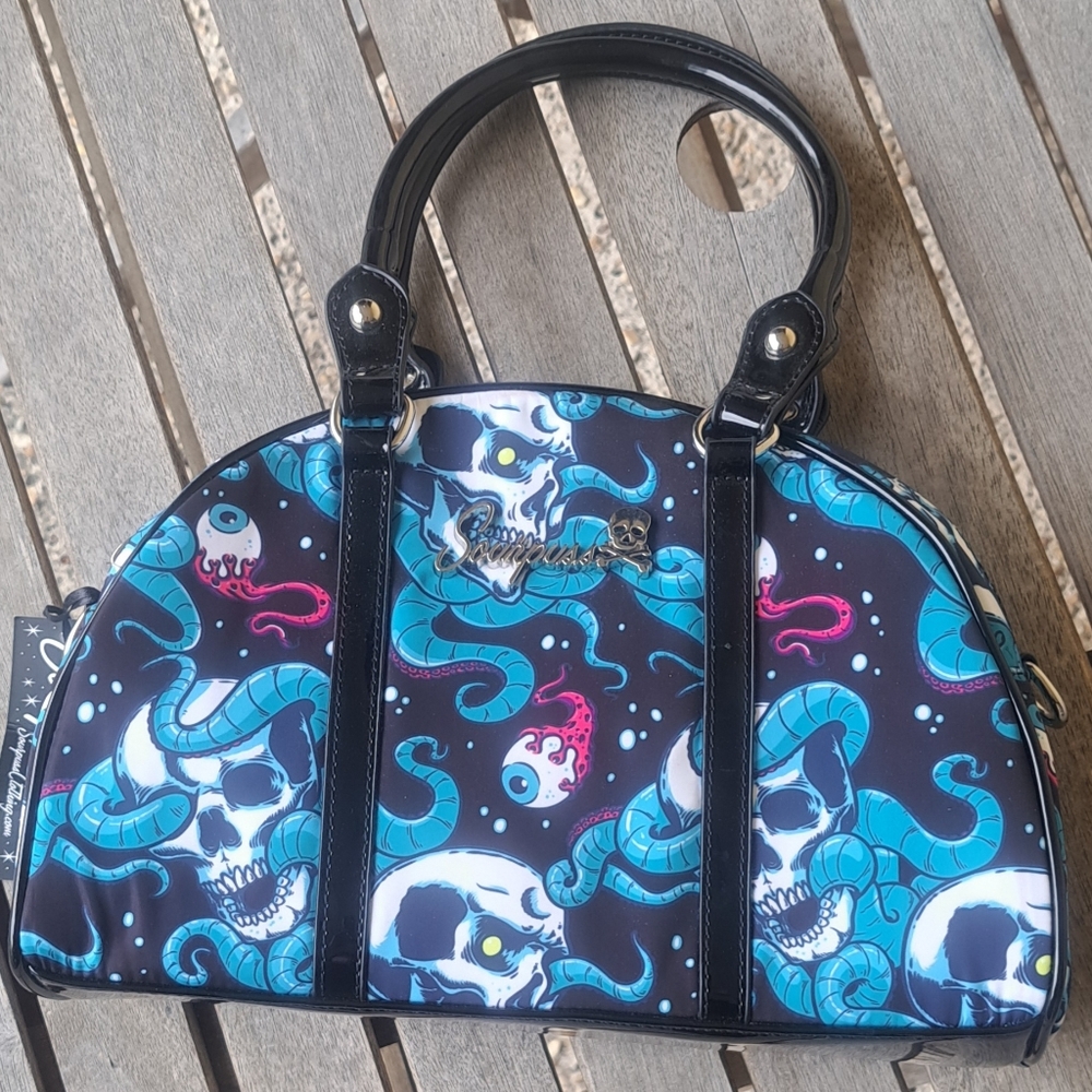 Sourpuss Black and Blue Skull Print Handbag